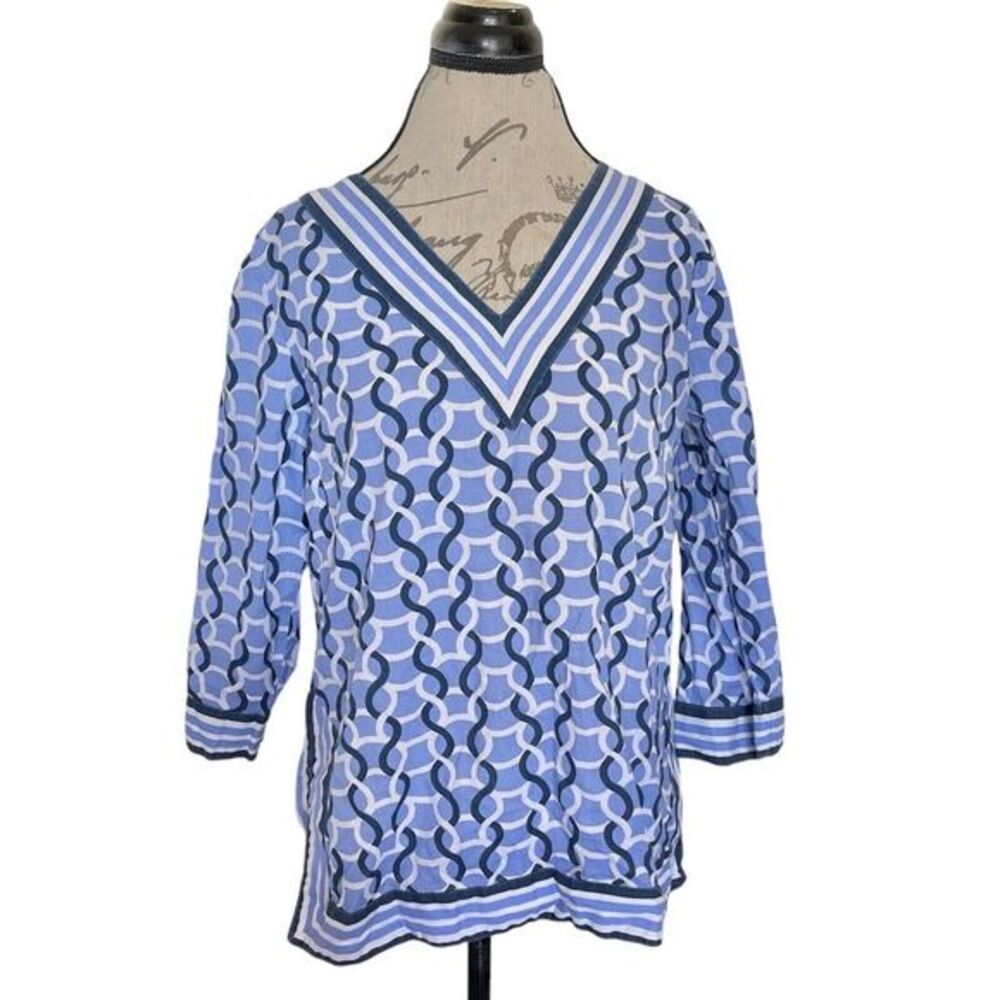 Caribbean Joe Womens Blouse Tunic Size Medium Hawaiian Tropical Blue V Neckline